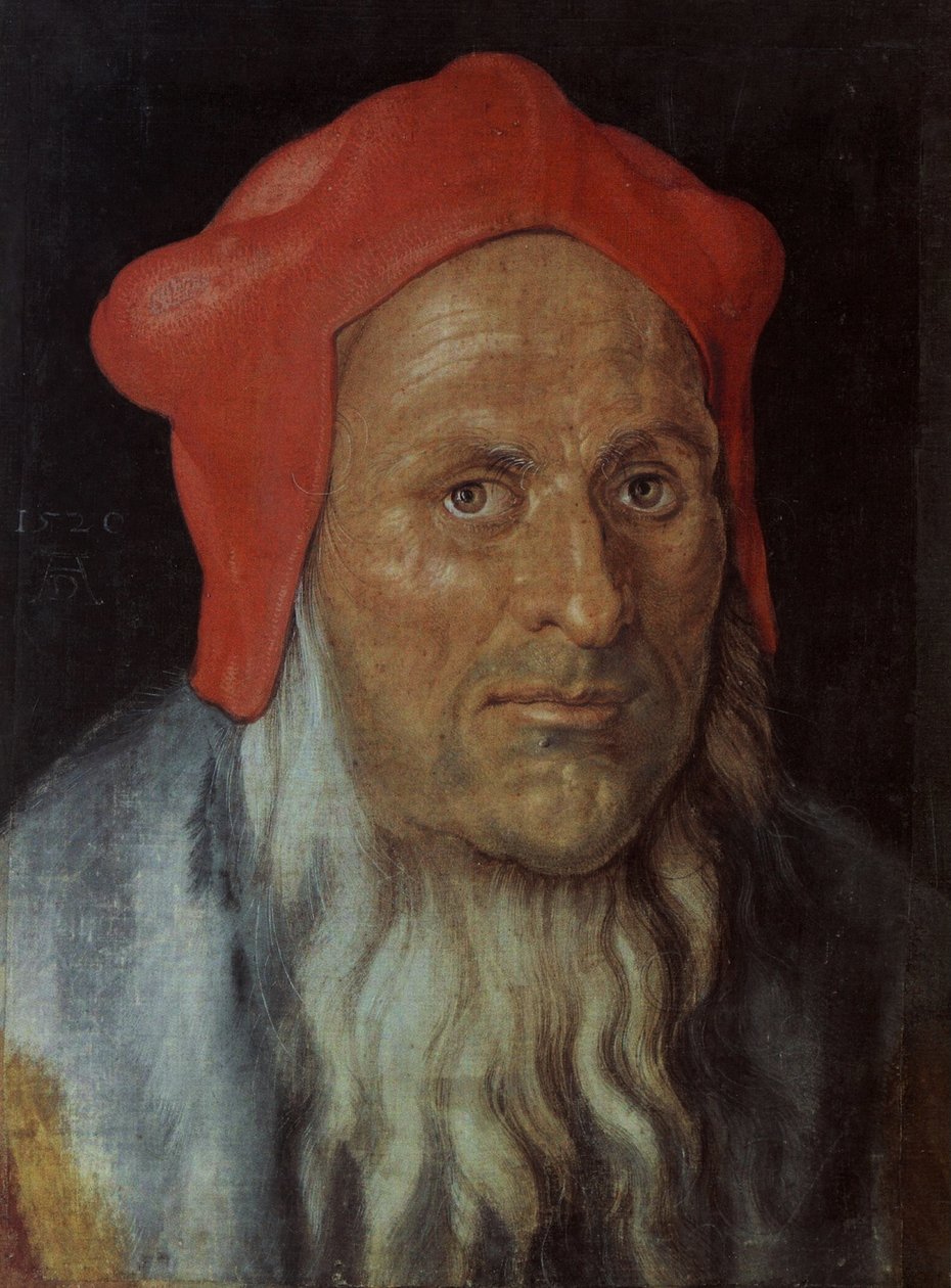 Tysk: Portræt af en skægget mand med rød kasket Portræt af en mand af Albrecht Dürer