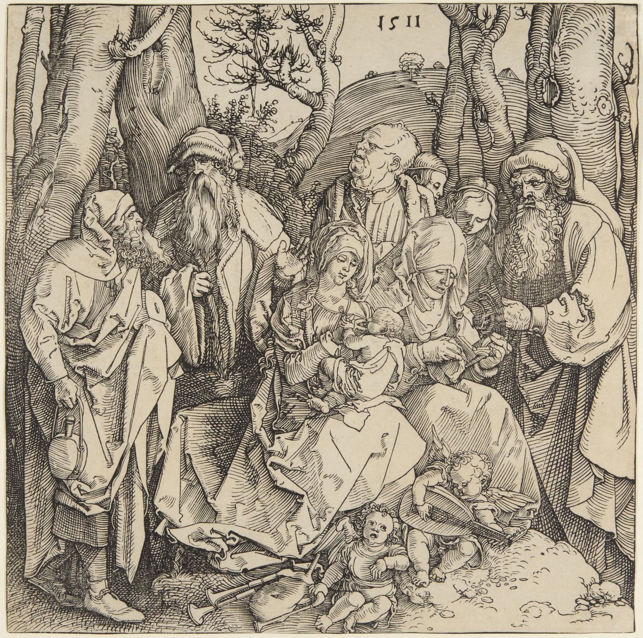Den hellige slægt med to musicerende engle af Albrecht Dürer