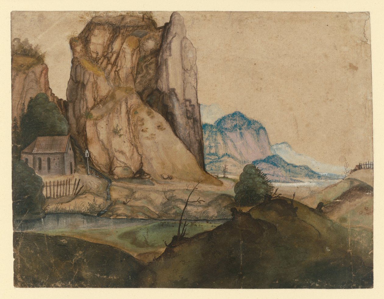 Et kuperet landskab med et kapel under høje klipper af Albrecht Dürer