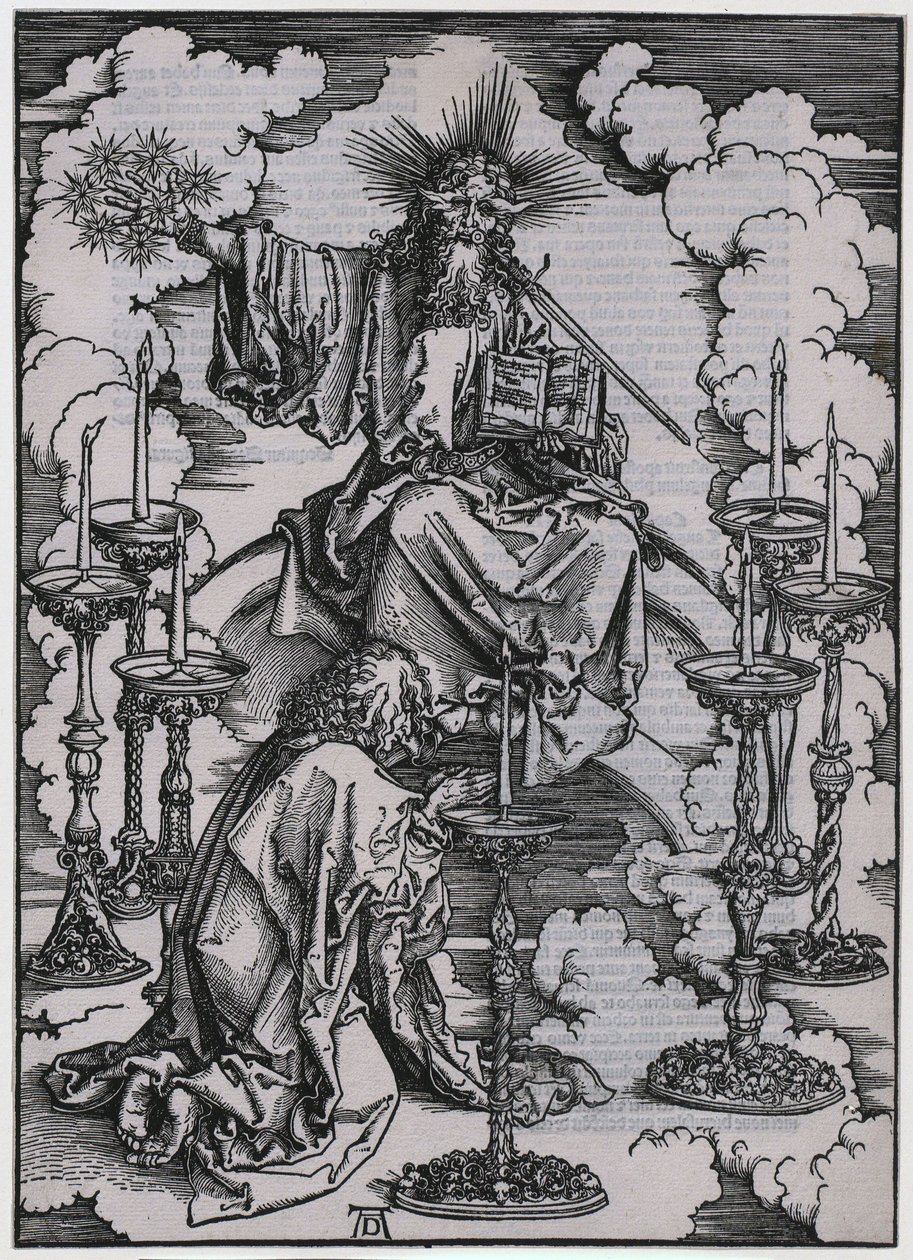 Johannes ser de syv lysestager, figur I, blad 3 i serien »Apokalypsen« af Albrecht Dürer