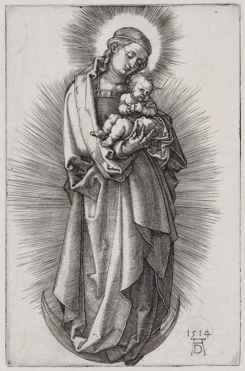 Jomfru med hårbånd i strålekrans på måneseglen af Albrecht Dürer