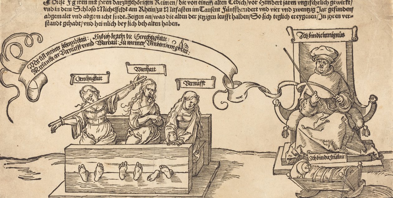 Retfærdighed, sandhed og fornuft i lagrene med den siddende dommer og sovende fromhed, sandsynligvis 1526. af Albrecht Dürer
