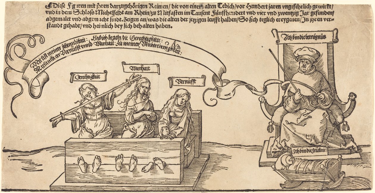 Retfærdighed, Sandhed og Fornuft i Aktierne med den siddende Dommer og Sovende Fromhed af Albrecht Dürer