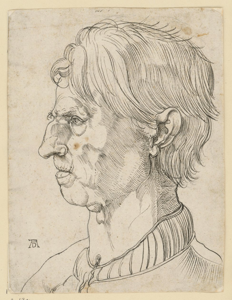 Hoved af en ældre skægløs mand, i profil mod venstre af Albrecht Dürer