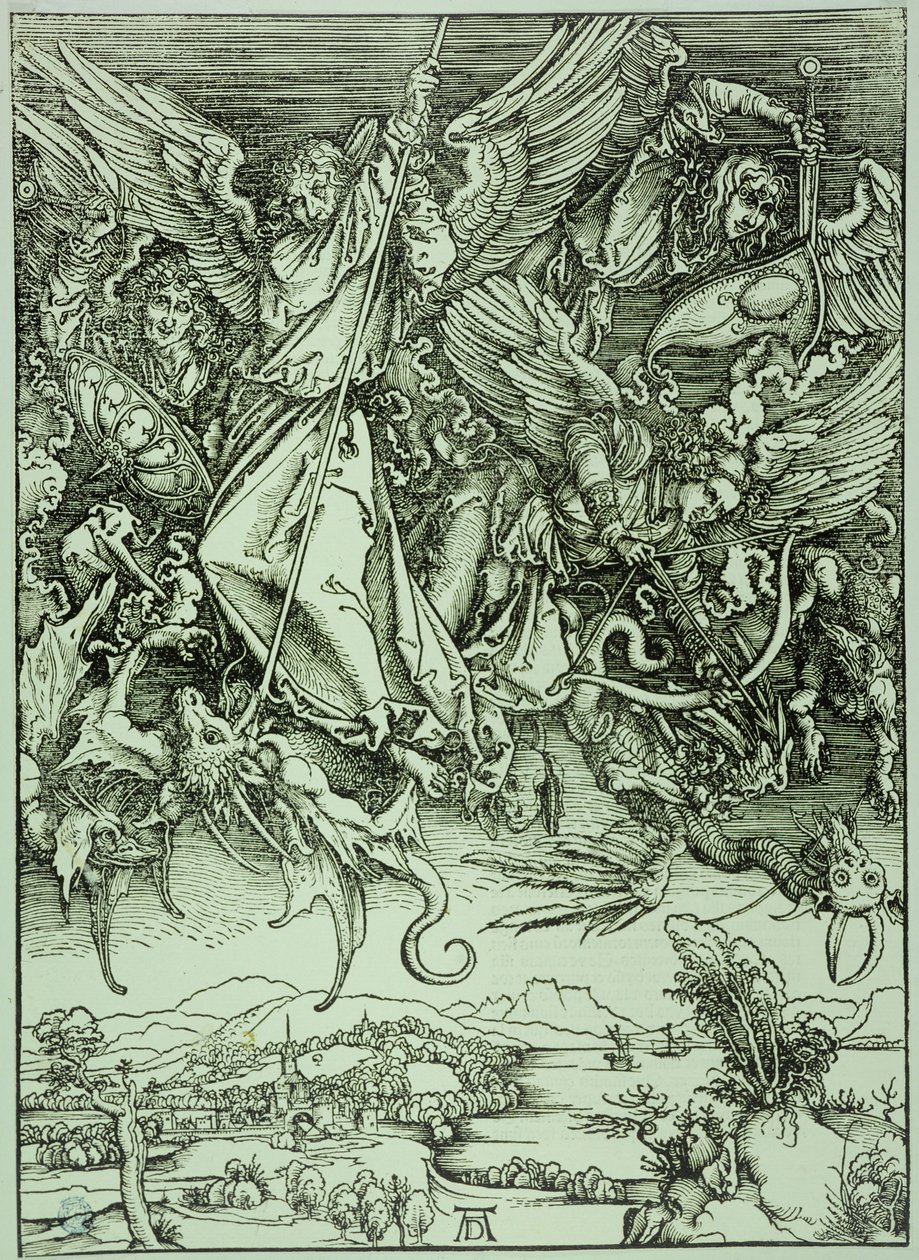 Apokalypsen (latinsk udgave): Sankt Michael besejrer dragen (Bartsch 72) af Albrecht Dürer