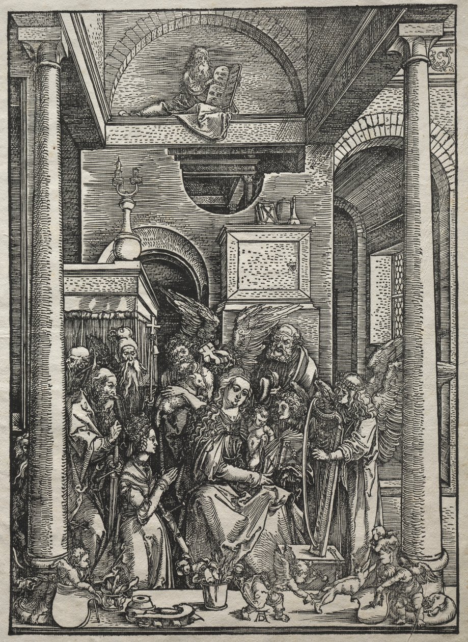Jomfruens liv: Tilbedelse af jomfruen og barnet af hellige og engle af Albrecht Dürer