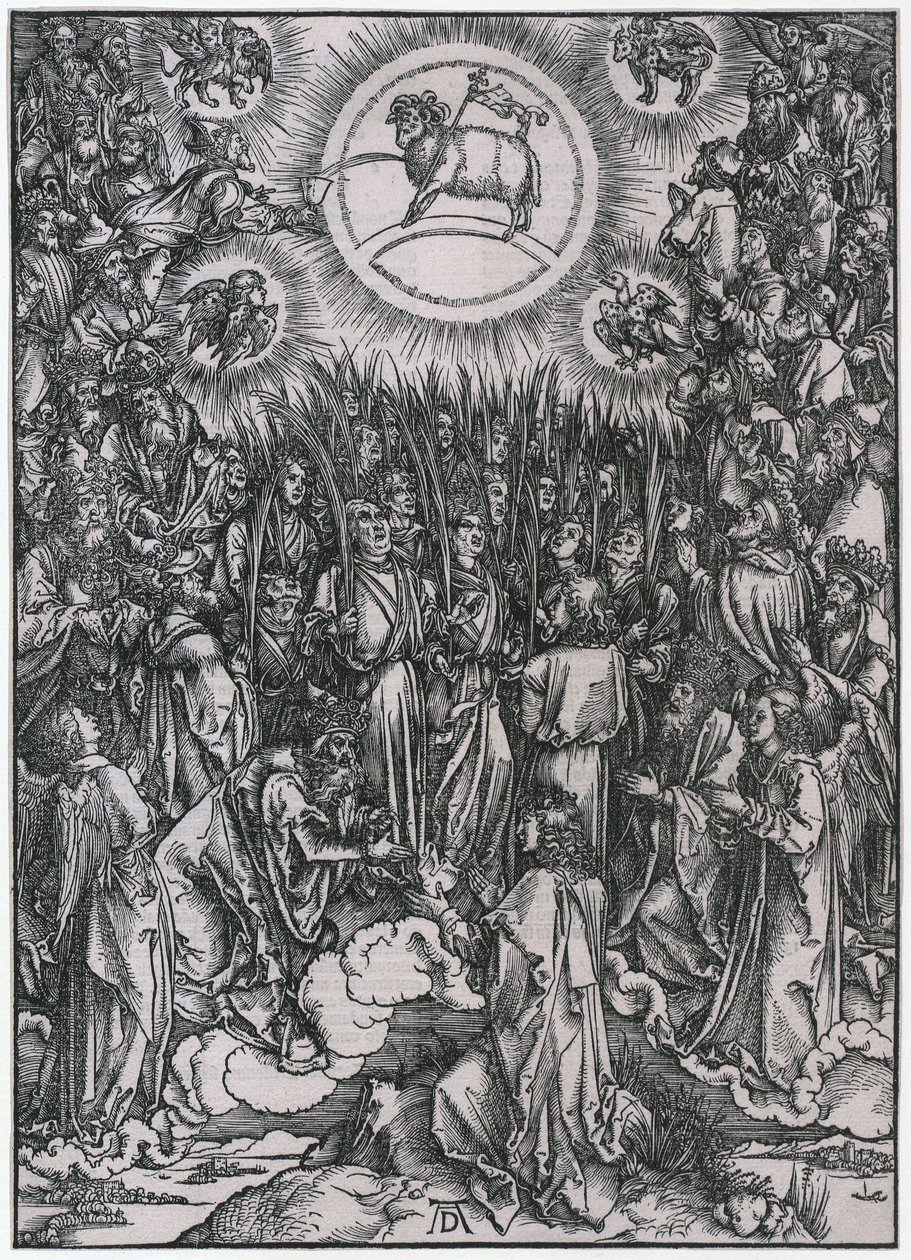 De udvalgtes lovsang i himlen / Tilbedelse af Lammet, figur XII, blad 14 i serien »Apokalypsen« af Albrecht Dürer