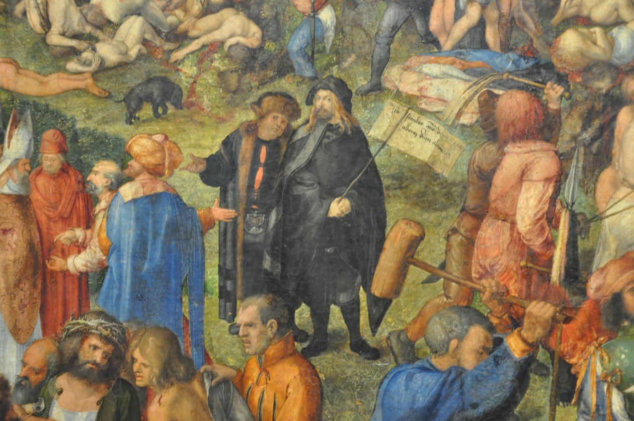 De ti tusind kristnes martyrium; detalje: Dürer og Conrad Celtis. af Albrecht Dürer