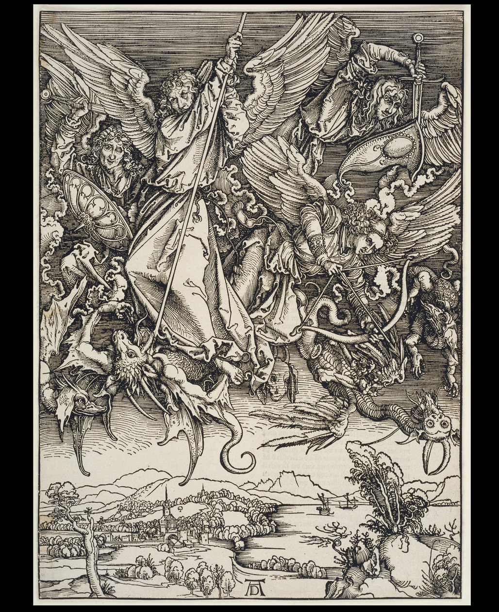 Michaels kamp med dragen, fra serien Apokalypsen, første tyske udgave 1498 af Albrecht Dürer
