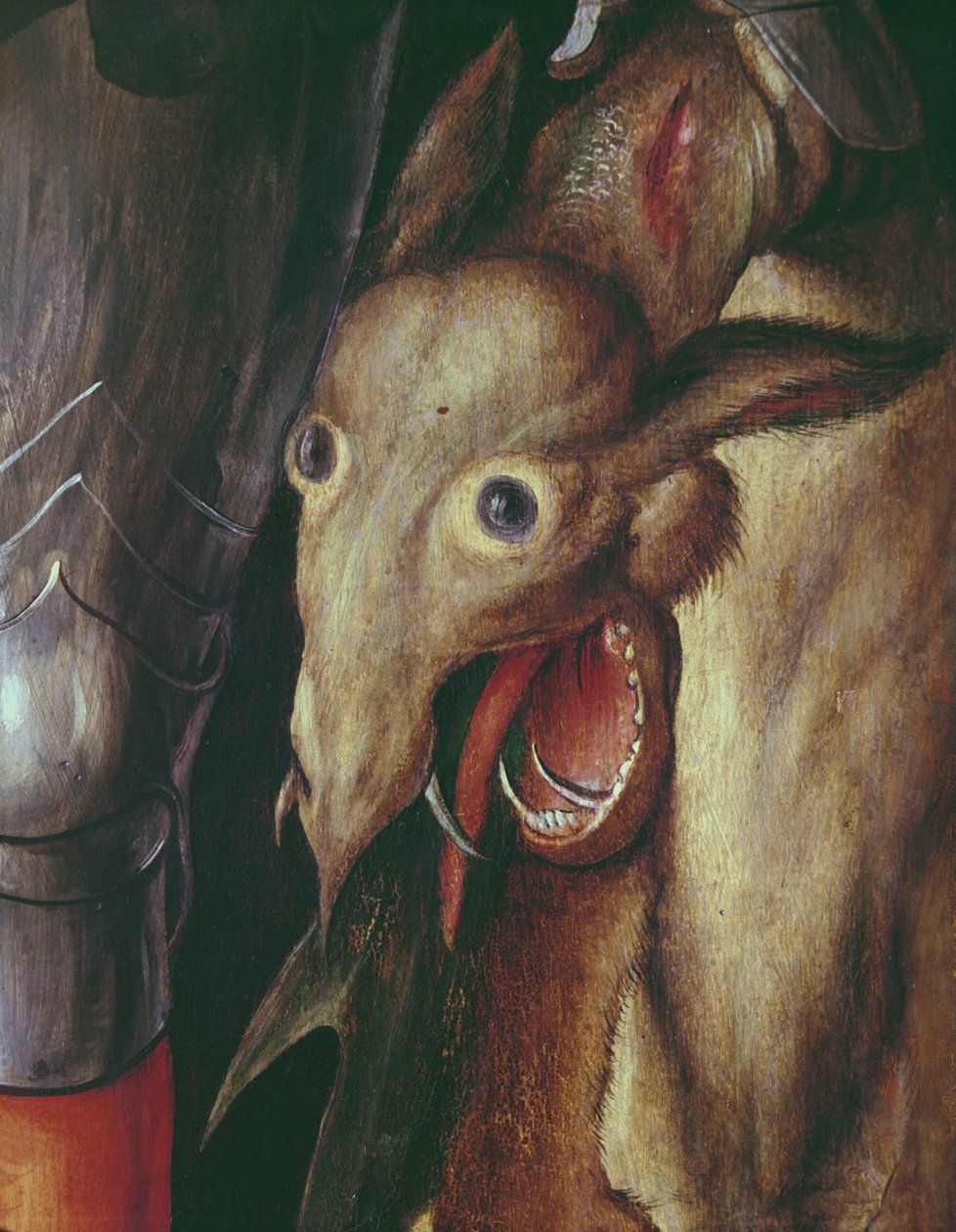 Paumgartner altertavle: detalje af venstre fløj, afbildning af dragens hoved besejret af St. George, ca. 1500 tempera på paneldetalje af 495745 af Albrecht Dürer