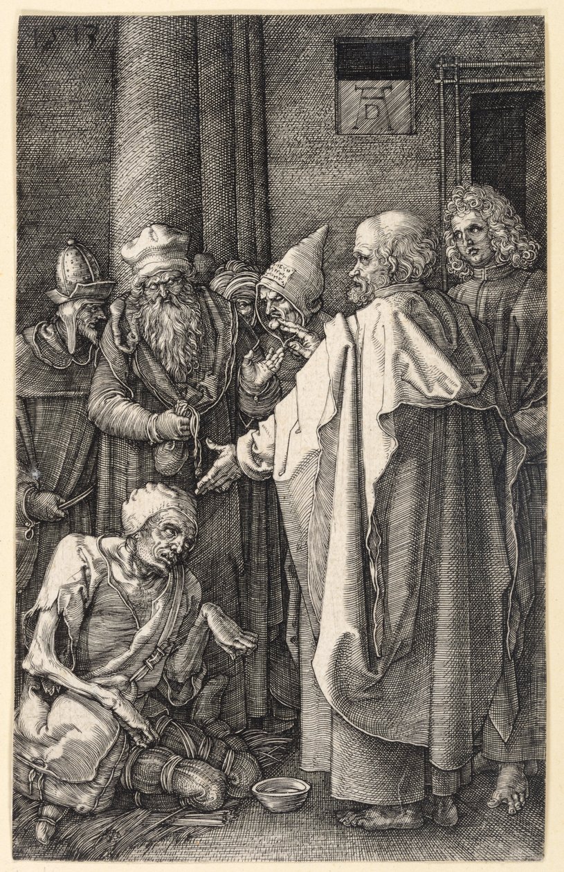 Peter og Johannes helbreder en lam tigger i templet (Kobberstikspassionen) af Albrecht Dürer