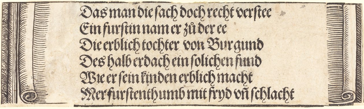 Trykt tekst til "Maximilians trolovelse med Maria af Bourgogne" af Albrecht Dürer