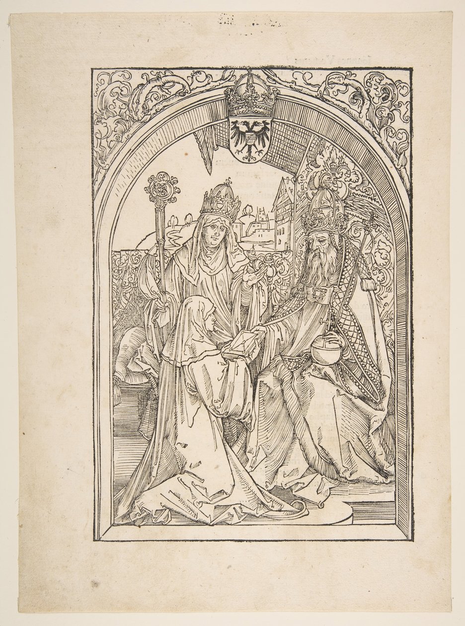 Rosvitha præsenterer komedierne for kejser Otto I. illustration fra Operaen Hrosvi....n.d. af Albrecht Dürer