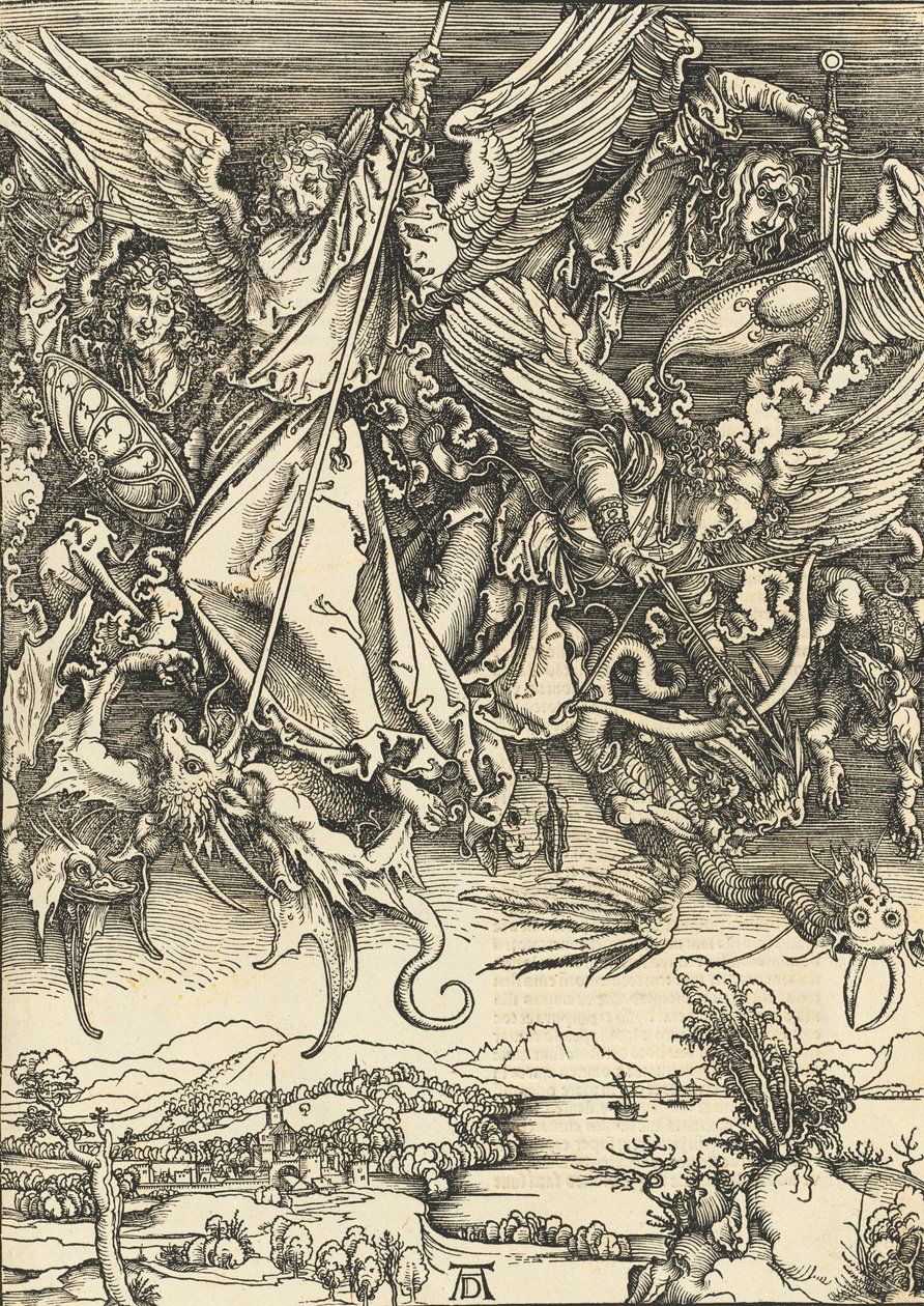 Saint Michael Fighting the Dragon, sandsynligvis ca. 14961498 udgivet 1511. af Albrecht Dürer
