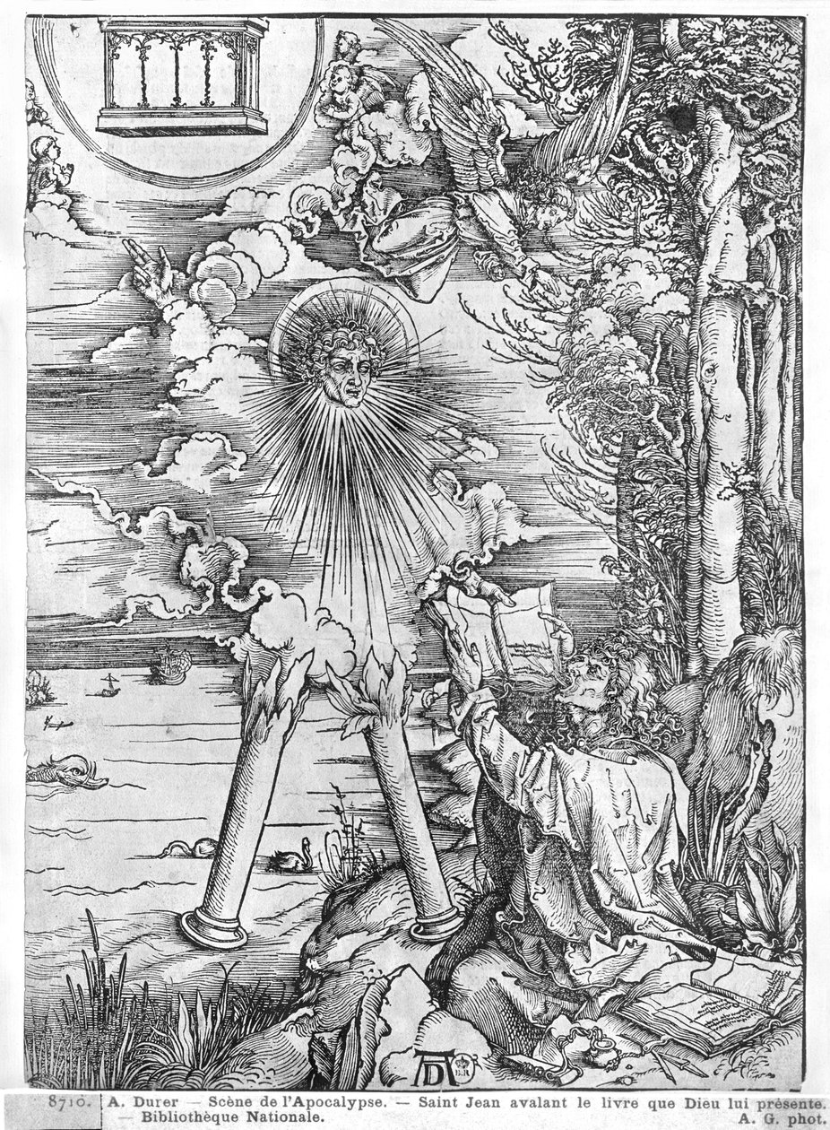 Scene fra Apokalypsen, Skt. Johannes fortærer bogen, latinsk udgave, 1511 (træsnit) (bw foto) af Albrecht Dürer
