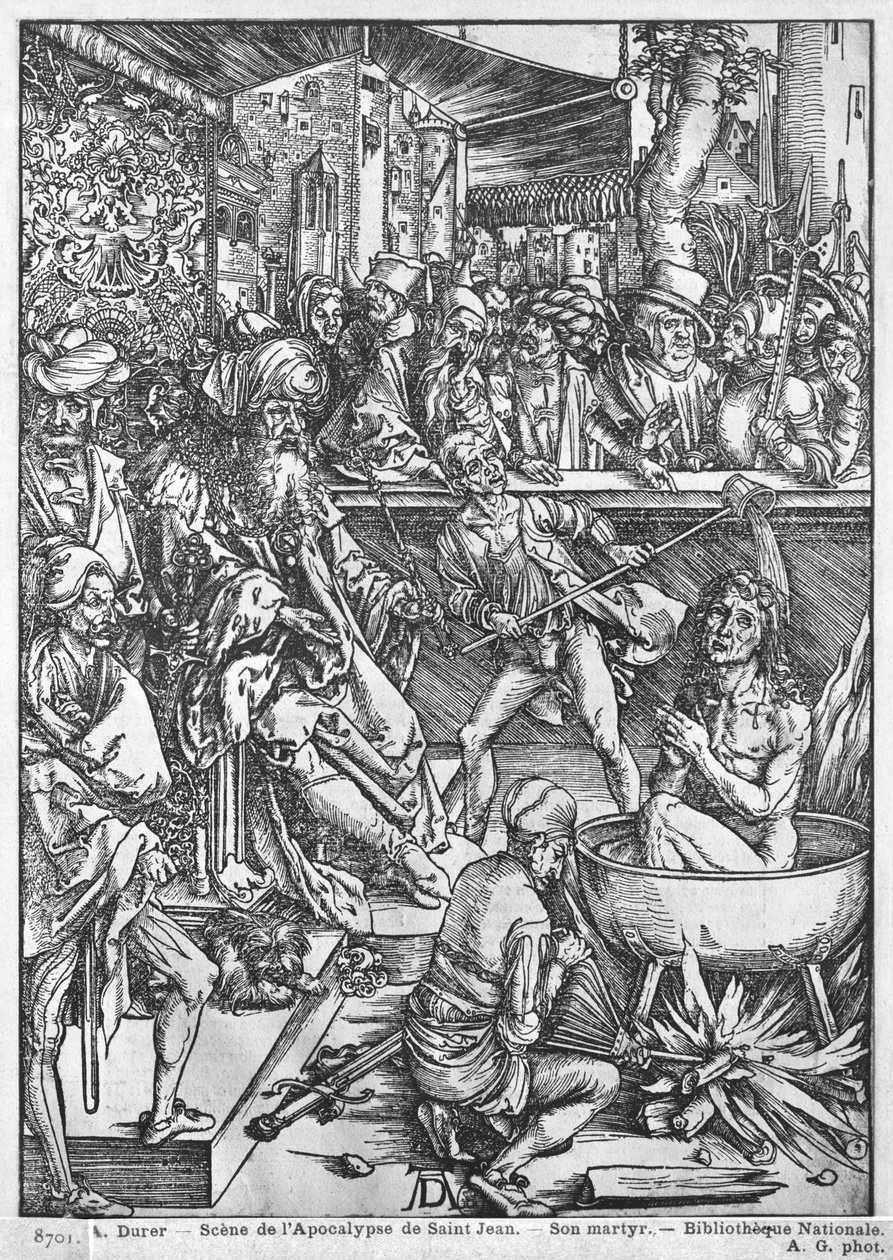 Scene fra Apokalypsen, Sankt Johannes Evangelistens martyrium, latinsk udgave, 1511 af Albrecht Dürer