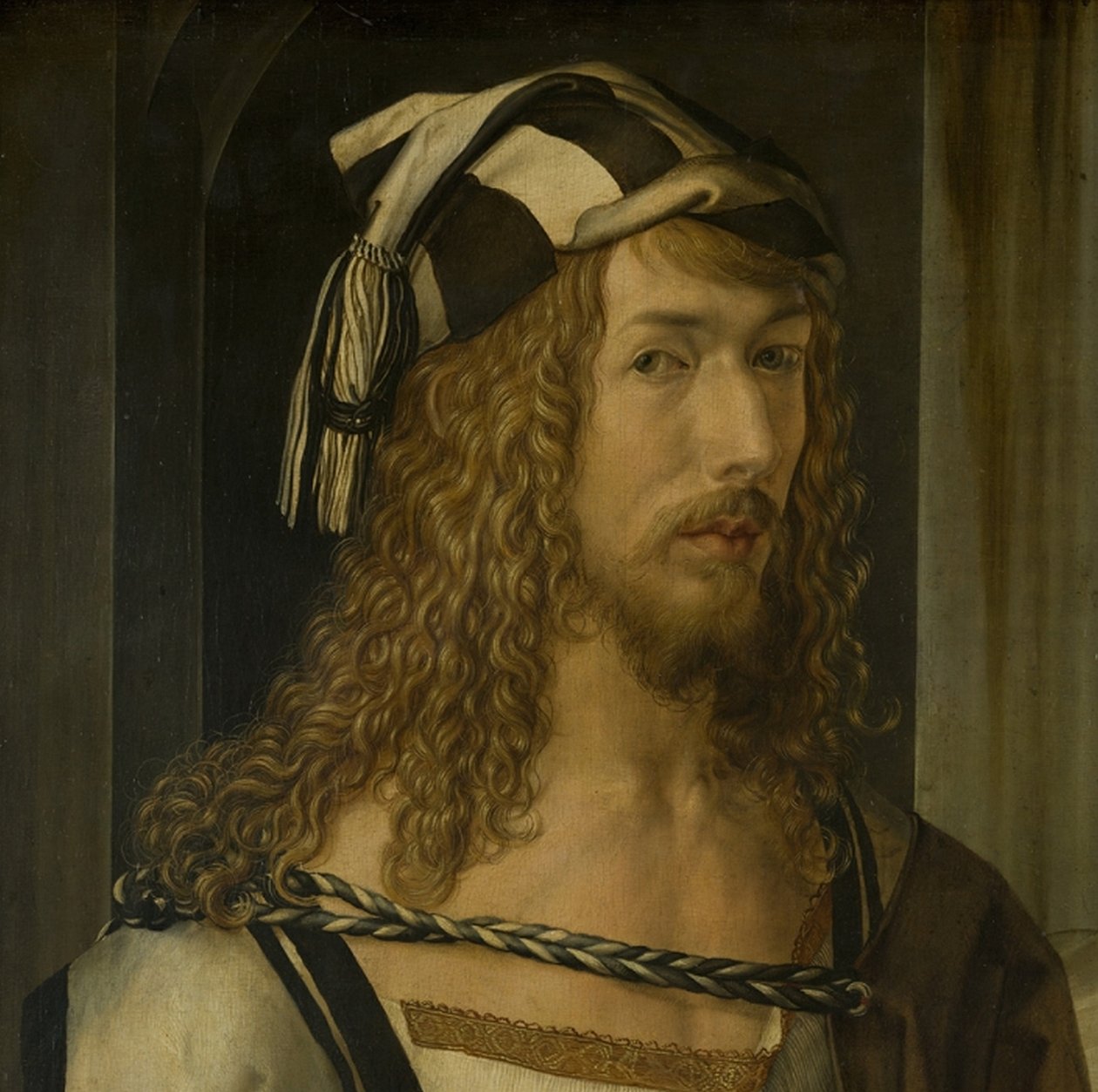 Selvportræt (Madrid), detalje af hovedet af Albrecht Dürer