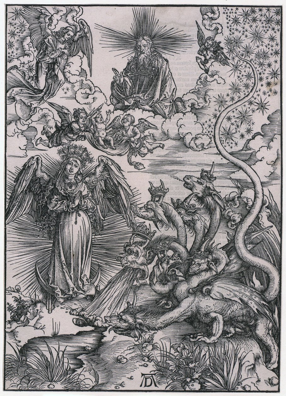 Solkvinden og den syvhovedede drage, figur IX, blad 11 i serien »Apokalypsen« af Albrecht Dürer