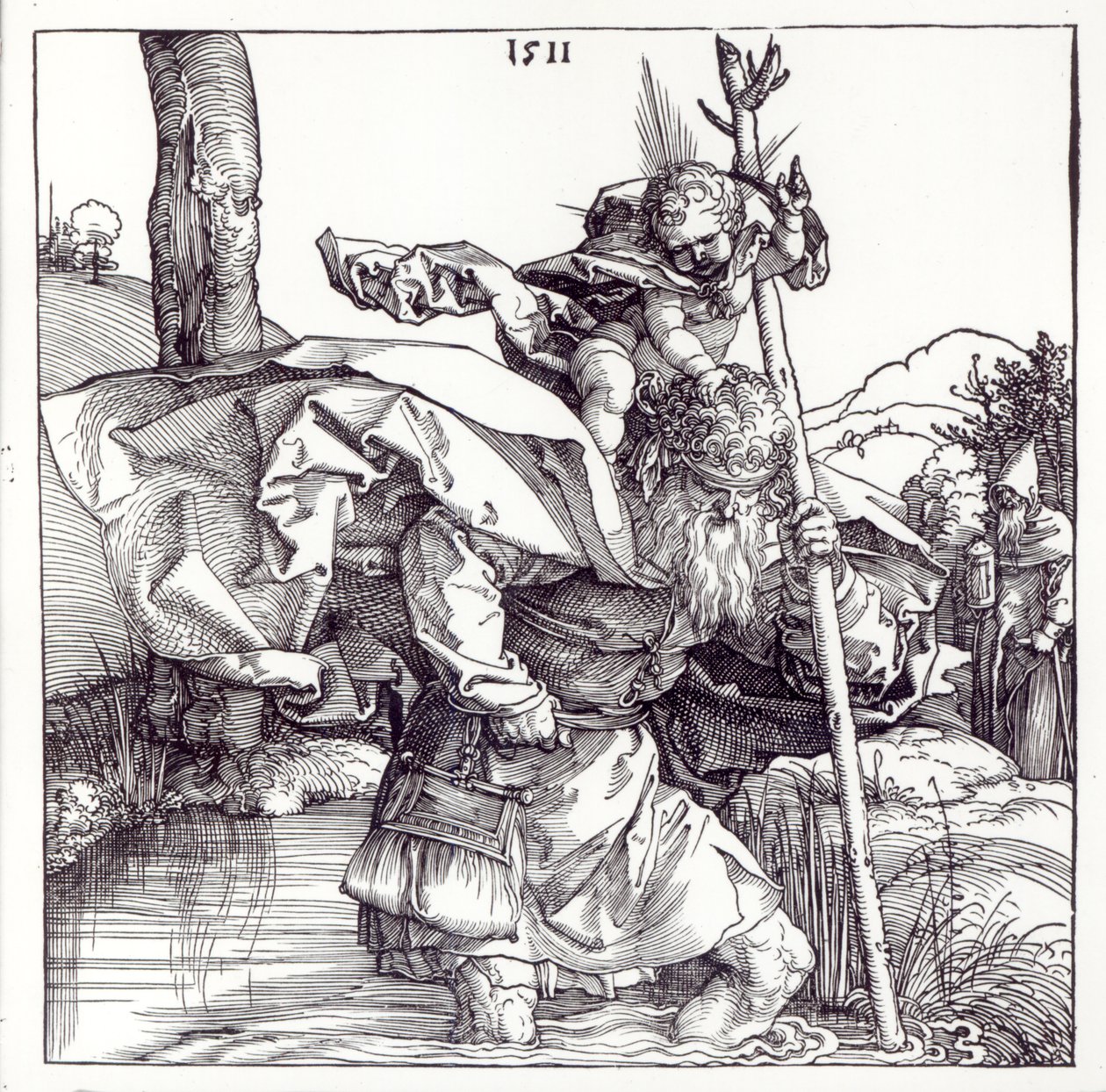 St.Christopher bærer Kristusbarnet, 1511 (træsnit) (bw foto) af Albrecht Dürer