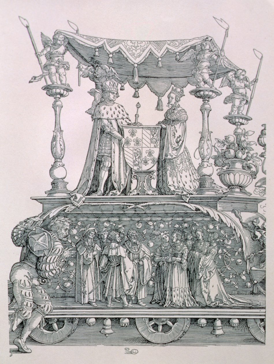 Det burgundiske ægteskab eller triumftoget af kejser Maximilian I af Tyskland (1459-1519), der viser Maximilians og Marias bryllupsvogn (1458-82), pub. 1526 (detaljer af Albrecht Dürer