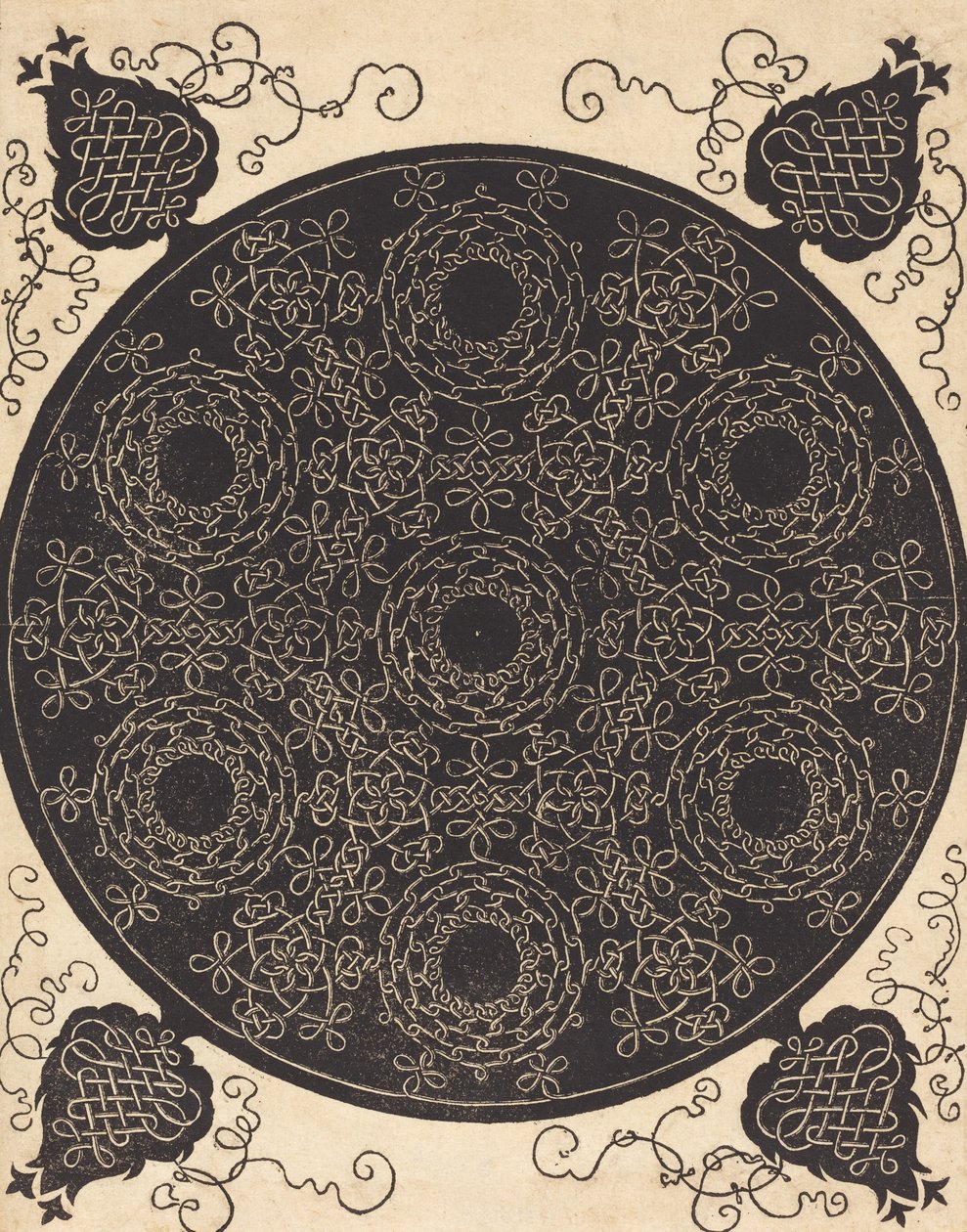 Den fjerde knude kombinerer syv cirkulære grupper af knob med sorte centre, sandsynligvis 15061507. af Albrecht Dürer
