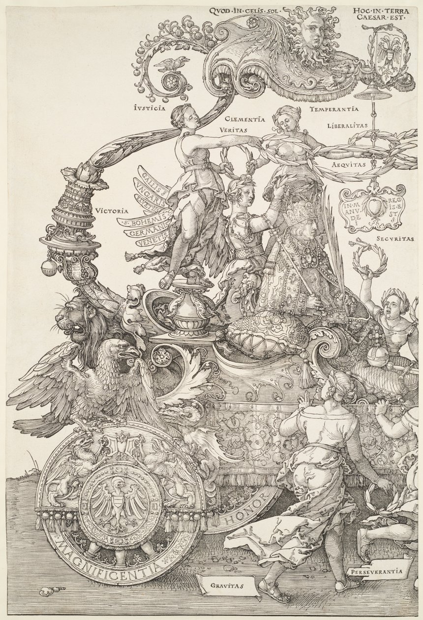 Den store triumfvogn: venstre del af vognen med kejseren kronet af Sejren af Albrecht Dürer