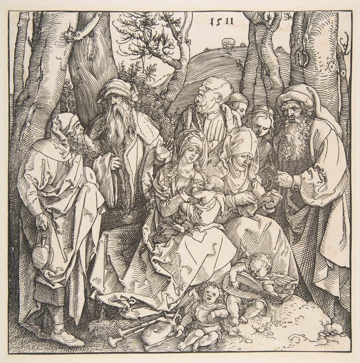Den hellige familie med hellige og to musikalske engle, 1511. af Albrecht Dürer