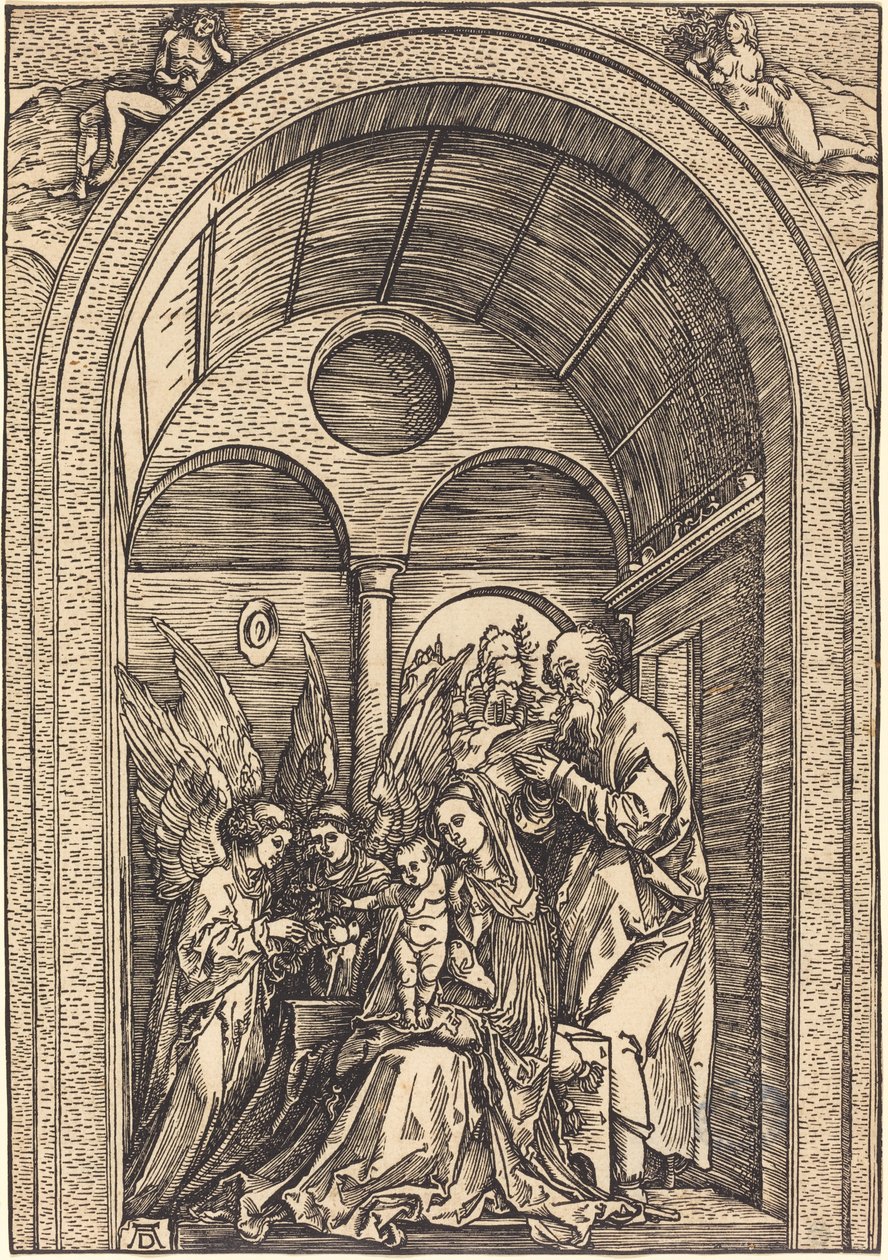 Den hellige familie med to engle i en hvælvet sal af Albrecht Dürer