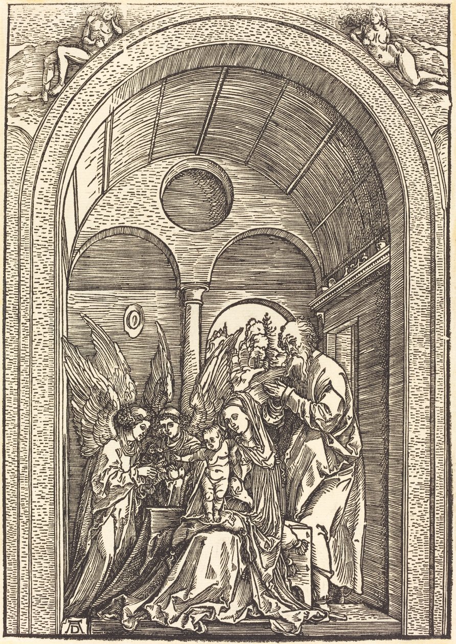 Den hellige familie med to engle i en hvælvet sal af Albrecht Dürer