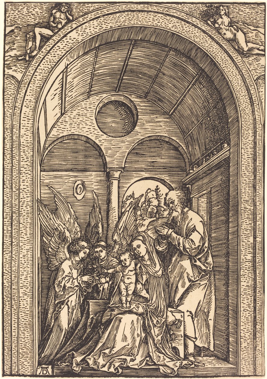 Den hellige familie med to engle i en hvælvet sal af Albrecht Dürer