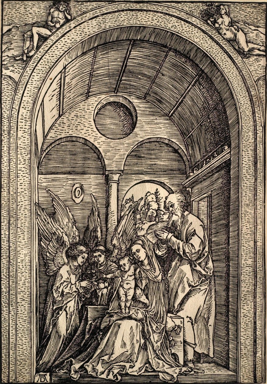 Den hellige familie med to engle i en hvælvet sal af Albrecht Dürer