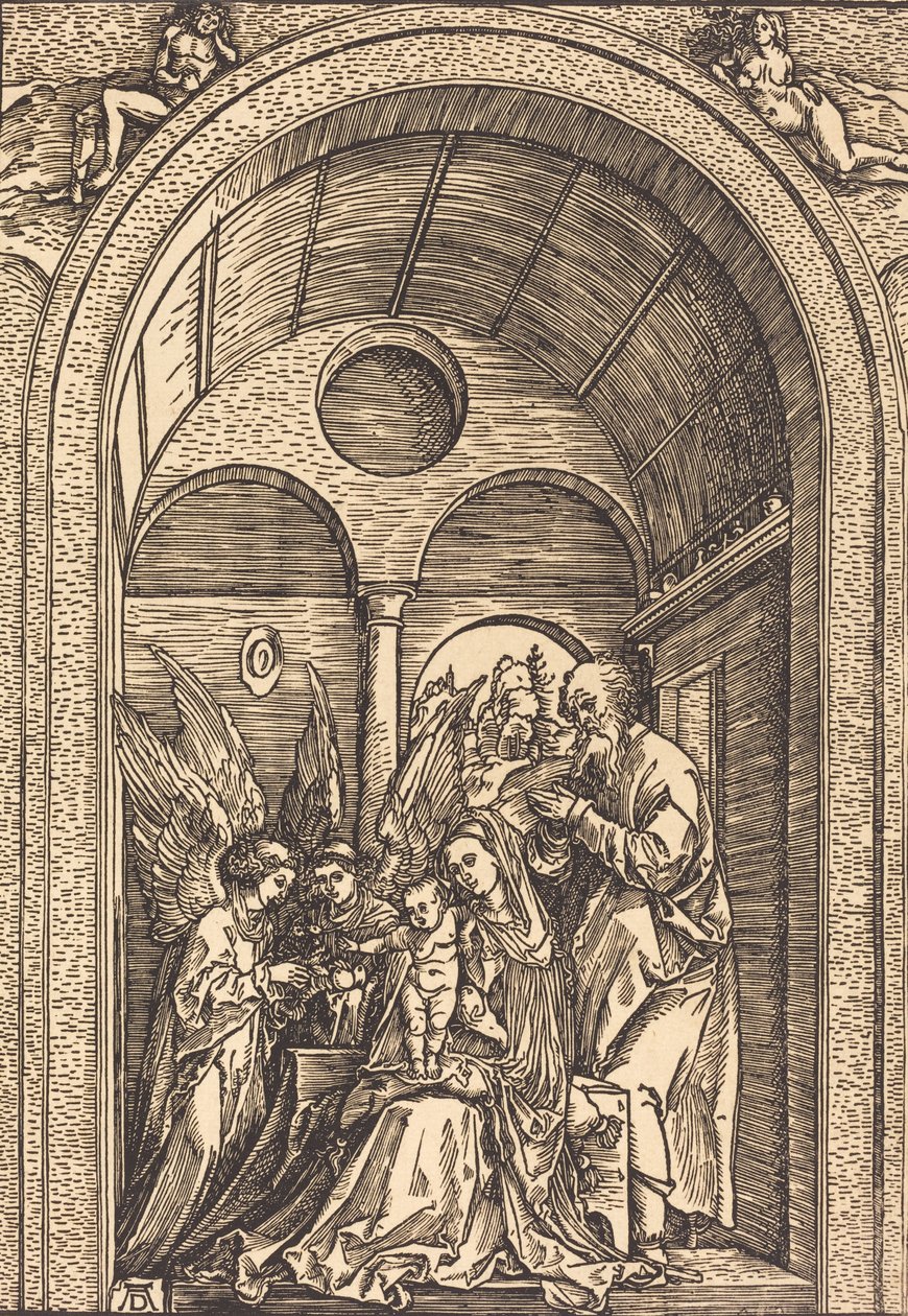 Den hellige familie med to engle i en hvælvet sal, ca. 1504. af Albrecht Dürer