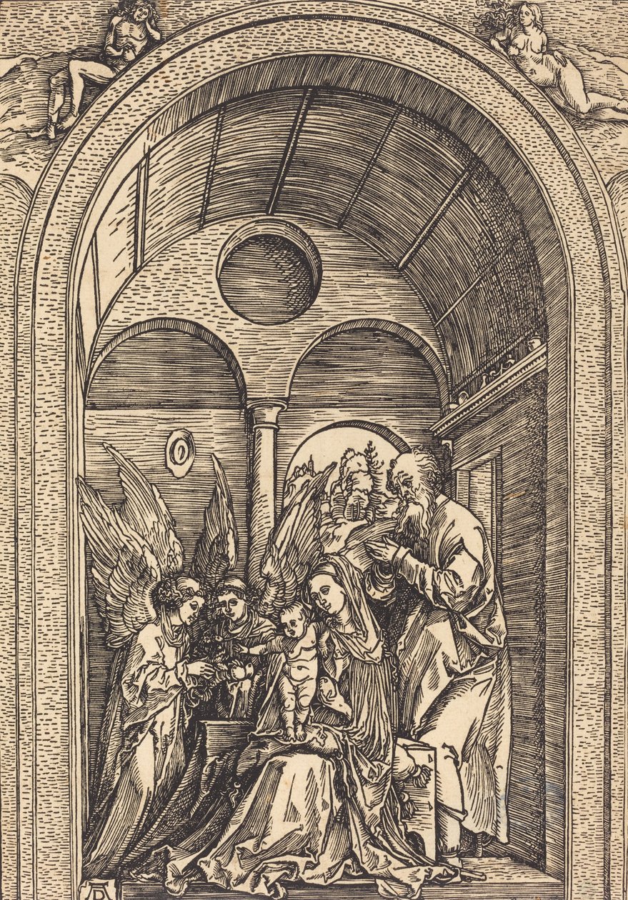 Den hellige familie med to engle i en hvælvet sal, ca. 1504. af Albrecht Dürer