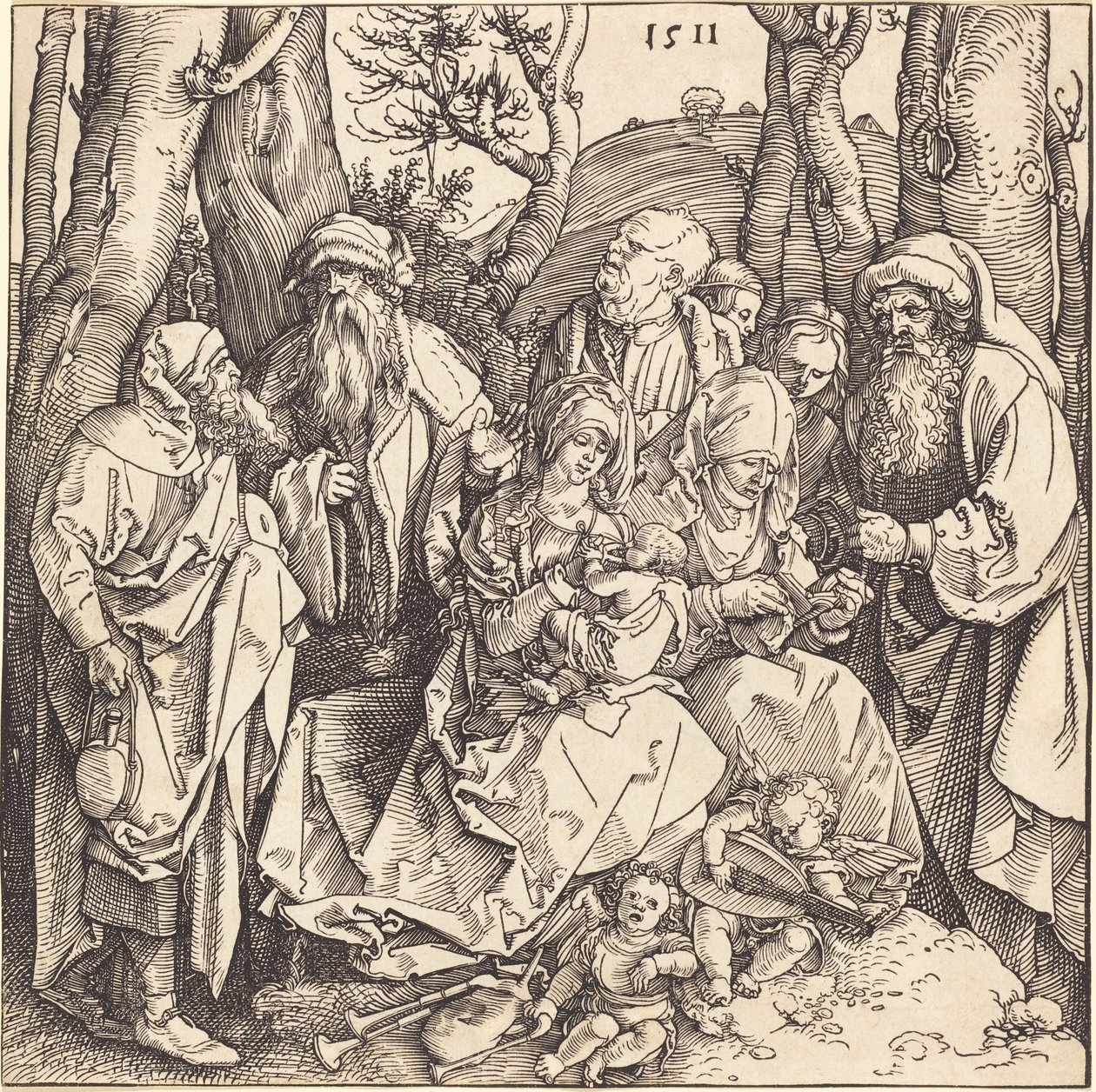Den hellige familie med to musikskabende engle af Albrecht Dürer
