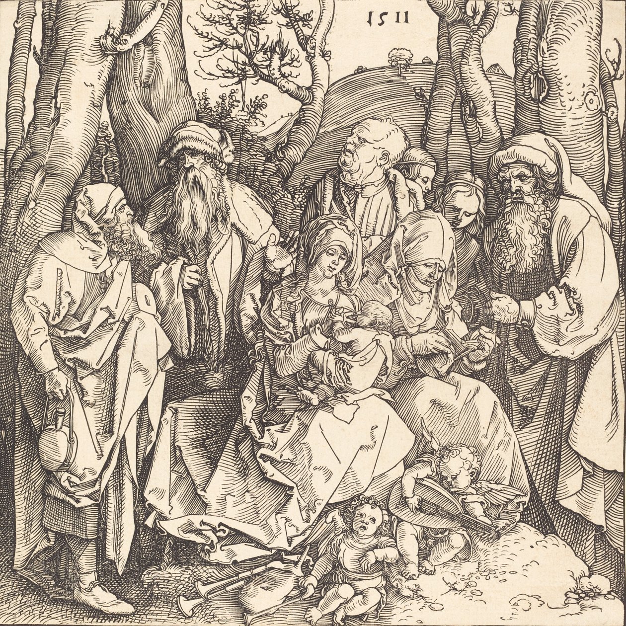 Den hellige familie med to musikskabende engle, 1511. af Albrecht Dürer
