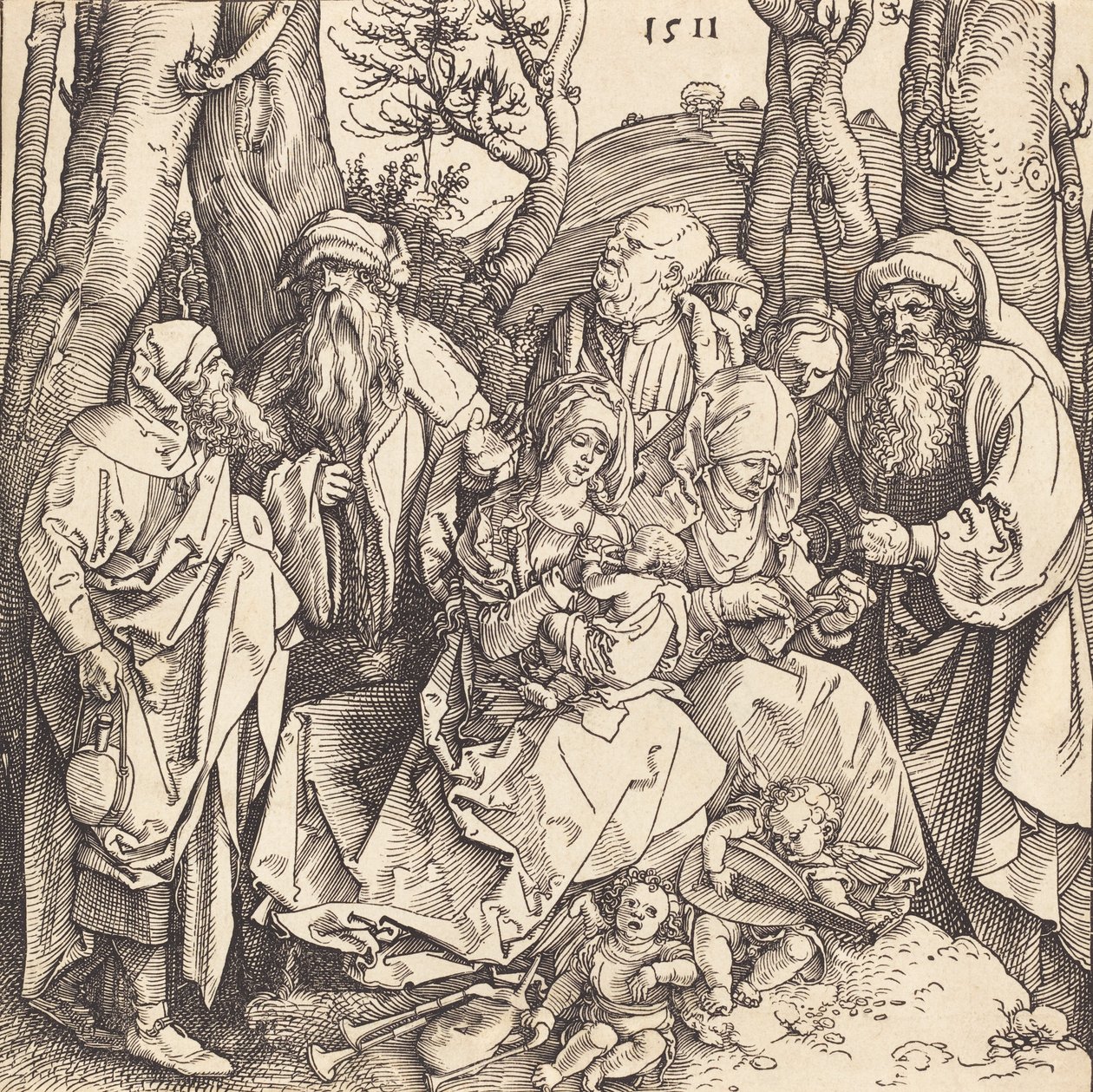 Den hellige familie med to musikskabende engle, 1511. af Albrecht Dürer