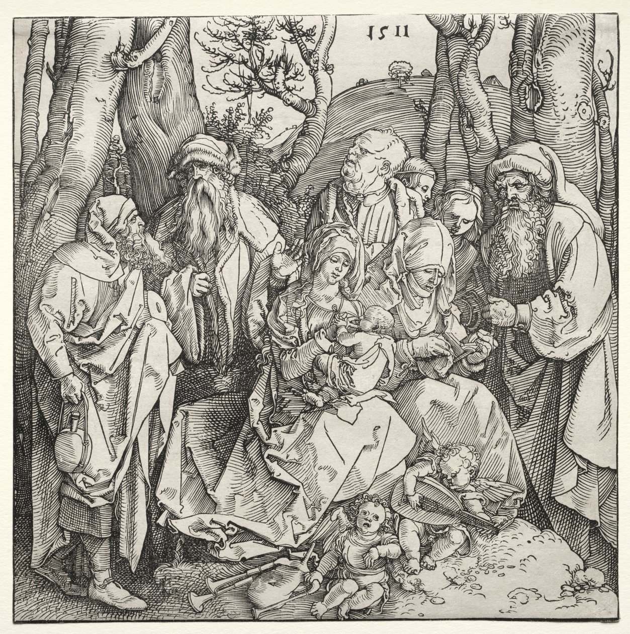 Den hellige familie med to musiker-engle, 1511. af Albrecht Dürer