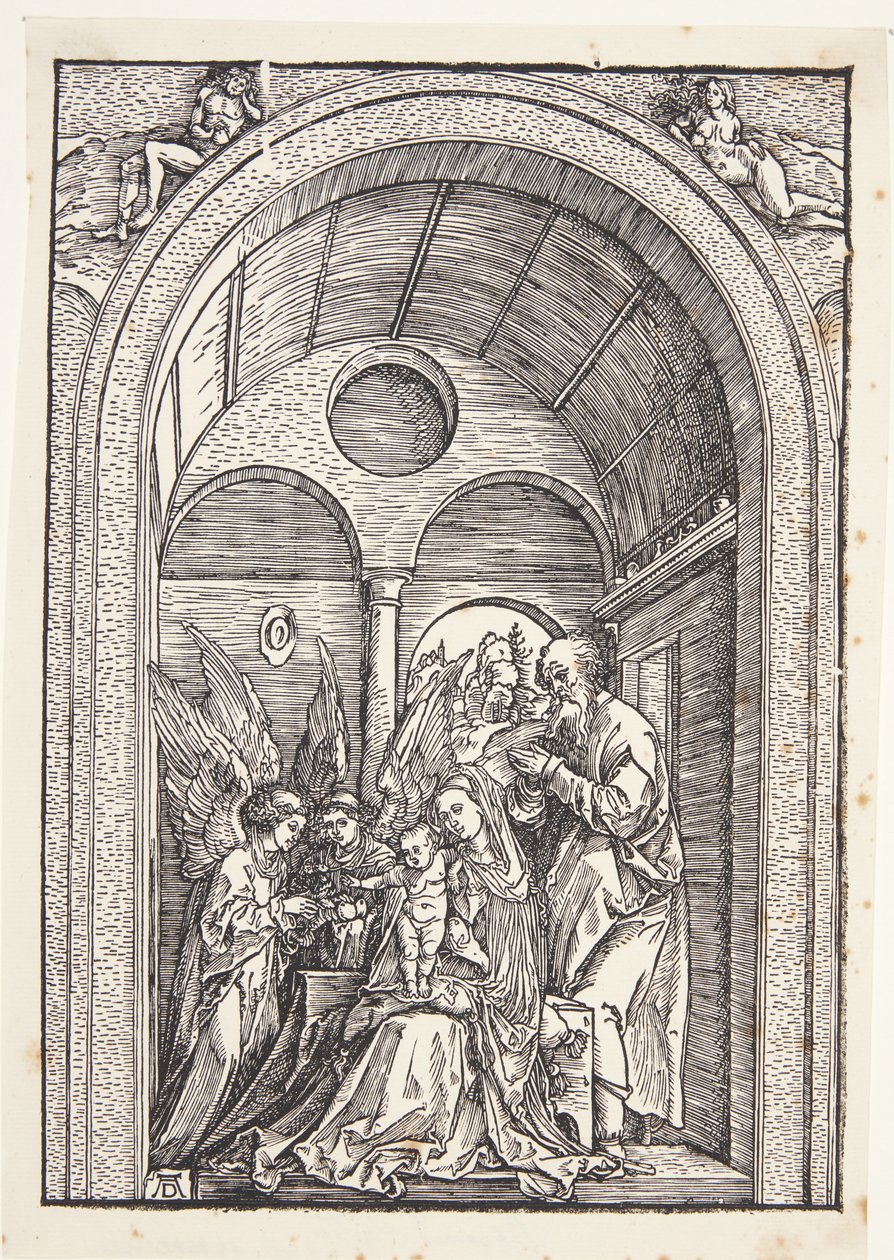 Den hellige familie med to engle i en hvælvet sal af Albrecht Dürer