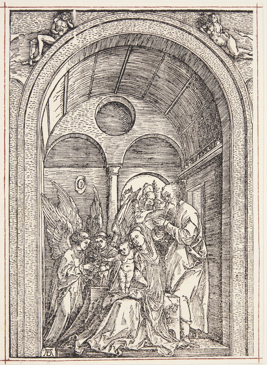 Den hellige familie med to engle i en hvælvet sal af Albrecht Dürer
