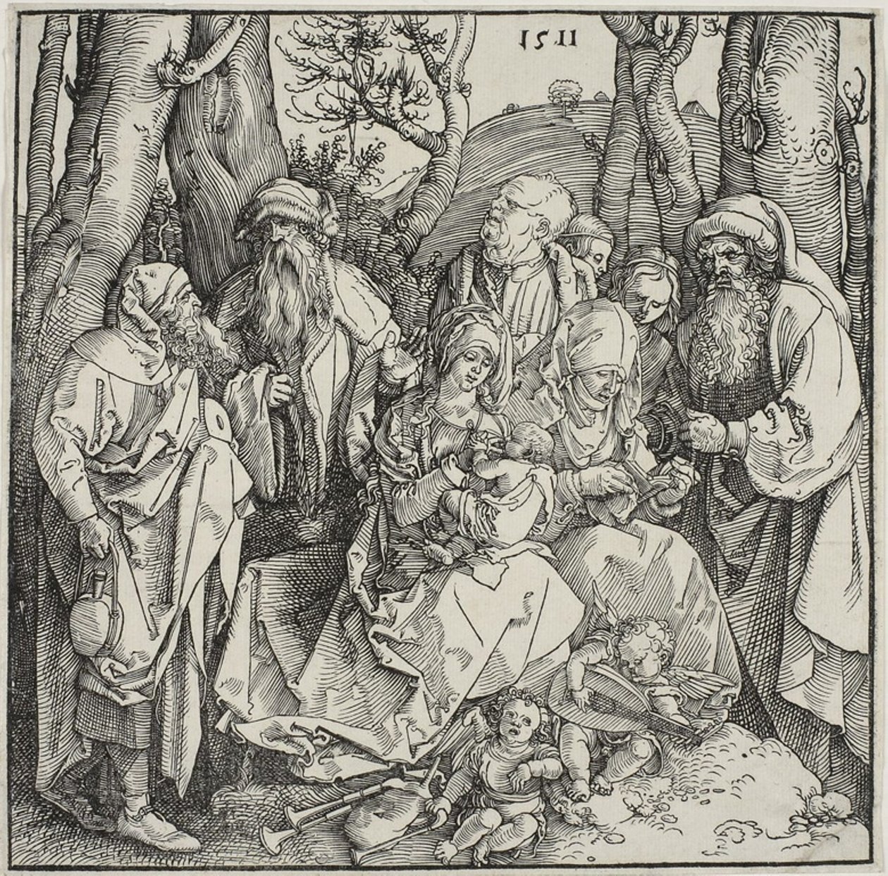 Det hellige slægtskab og to musikalske engle af Albrecht Dürer