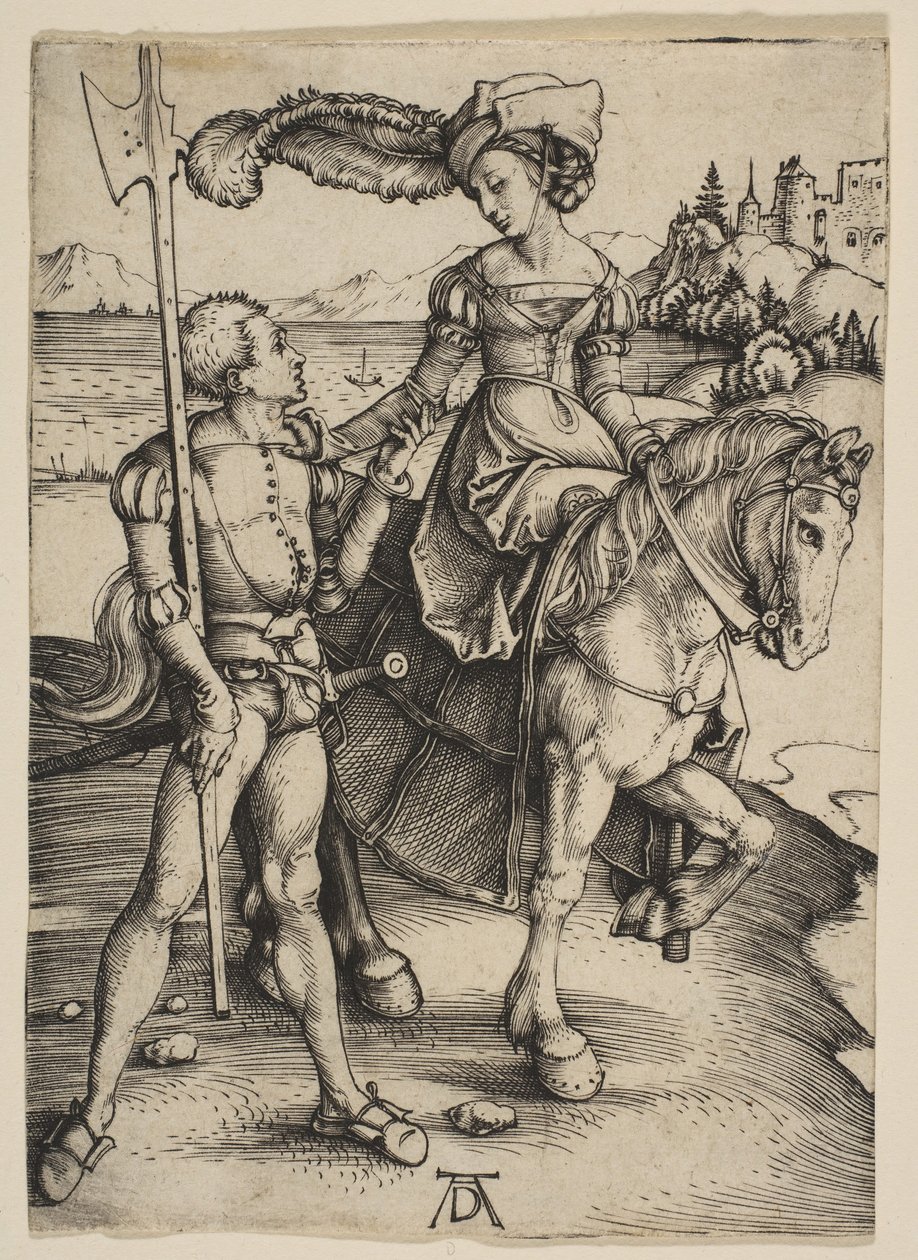Fruen til hest og Lansquenet, ca. 1497. af Albrecht Dürer