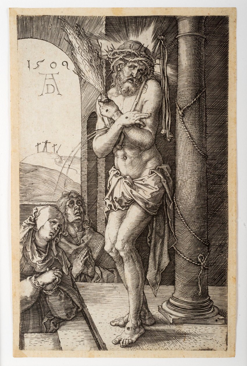 Sorgens mand ved søjlen med jomfruen og Johannes, fra den indgraverede lidenskab af Albrecht Dürer