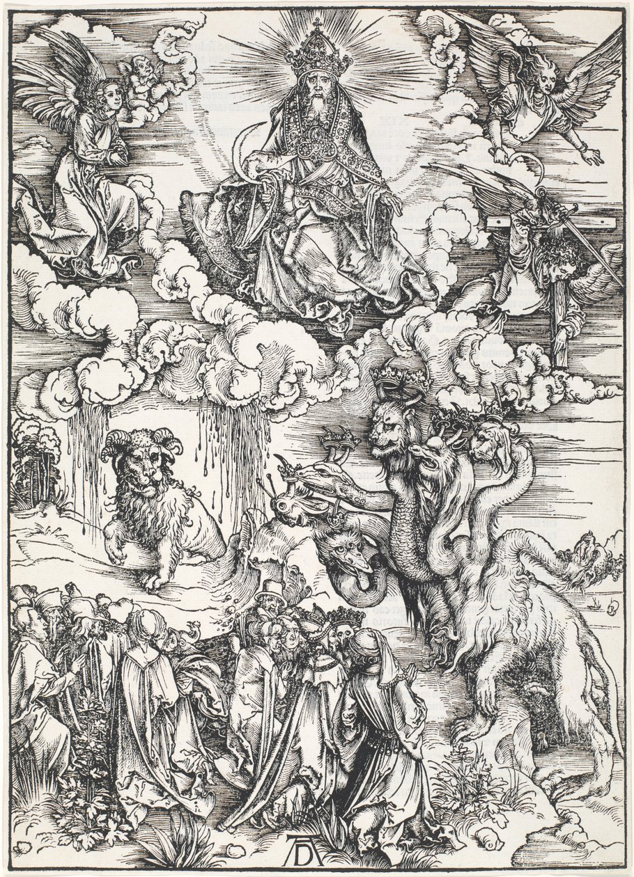 Det syvhovedede udyr og udyret med lammehorn, fra Johannes-apokalypsen, 1496-98 af Albrecht Dürer