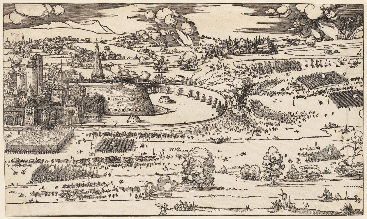 Belejringen af en fæstning (kun venstre side, af 2 blokke) af Albrecht Dürer