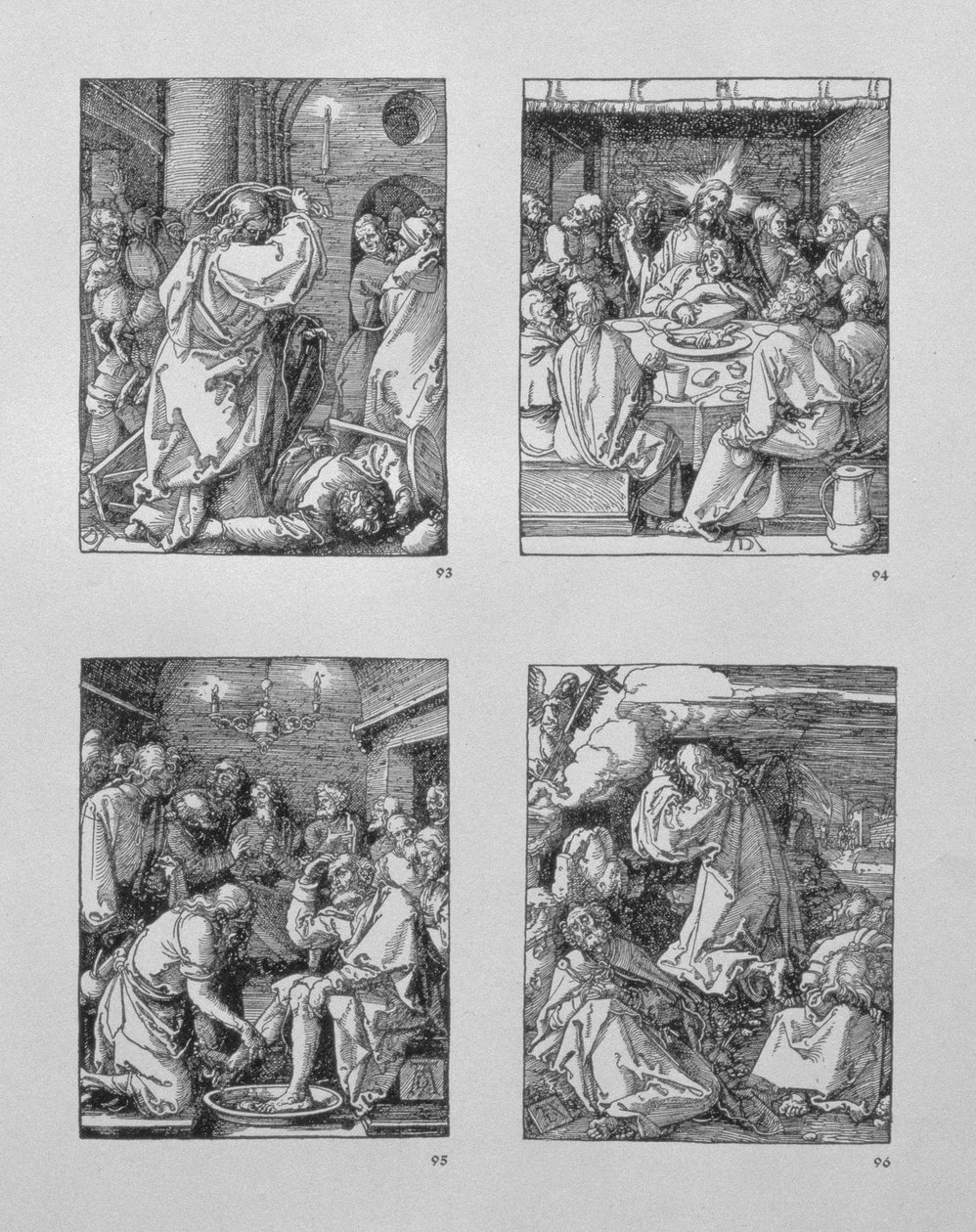 Serien "Small Passion": (med uret): Kristus fordriver vekselererne fra templet; den sidste nadver; Kristus vasker Peters fødder; Agony in the garden, pub.1511 af Albrecht Dürer