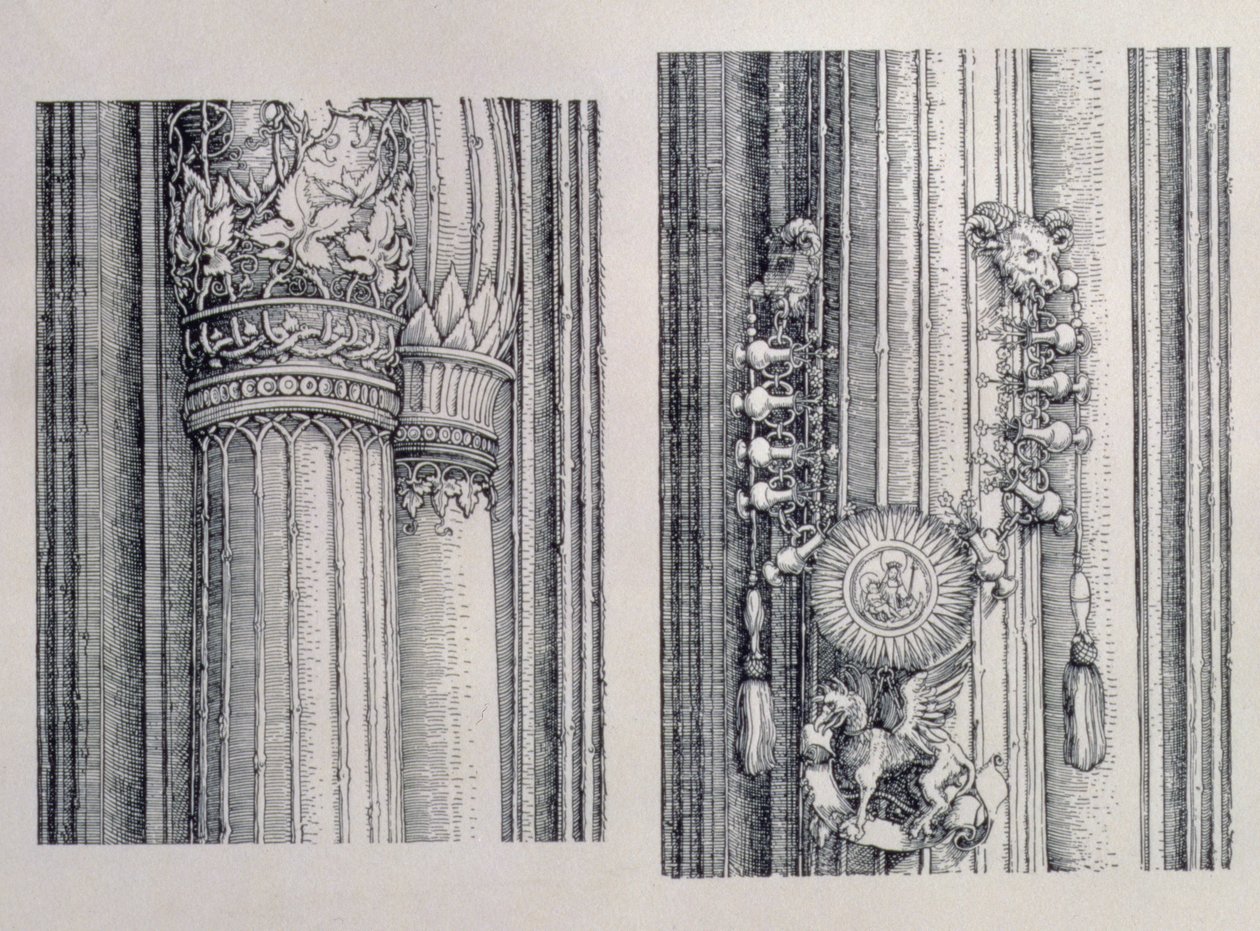 Kejser Maximilian I af Tysklands triumfbue (1459-1519): to detaljer om de centrale æres- og magtporte, der viser venstre søjle og udsmykninger med store bogstaver, dateret 1515, pub. 151718 (wo af Albrecht Dürer