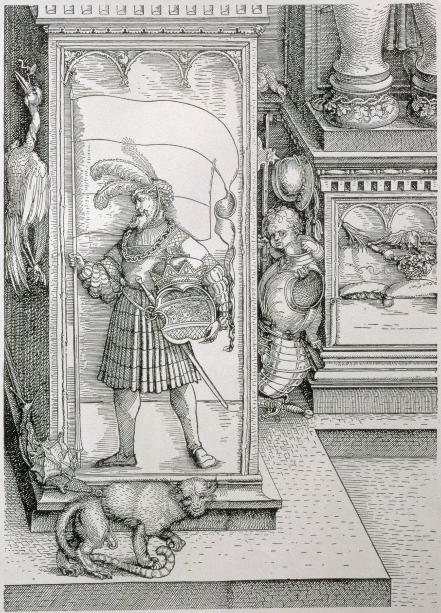 Kejser Maximilian I af Tysklands triumfbue 1459-1519: detalje af portalsøjlebasen med et udskåret relief af en mandsfigur, der bærer en standard og et kronet våbenskjold, pub. 151718 træc af Albrecht Dürer