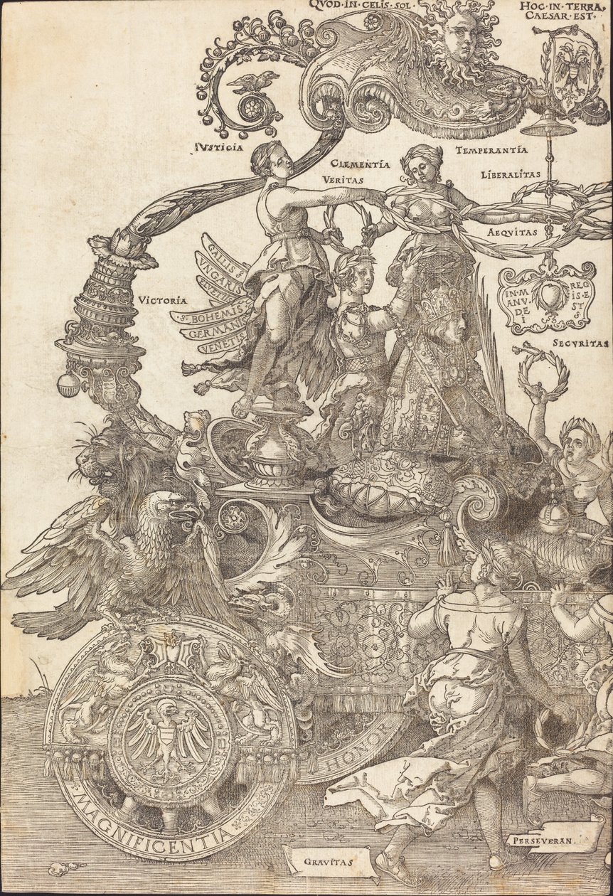 The Triumphal Chariot of Maximilian I The Great Triumphal Car [plade 1 af 8], 1523 latinsk udgave.. af Albrecht Dürer