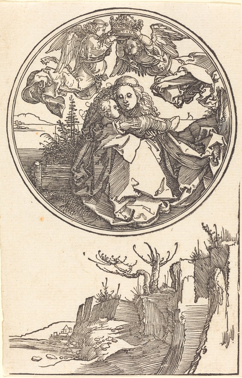 Jomfruen kronet af to engle over et landskab, i eller før 1515. af Albrecht Dürer