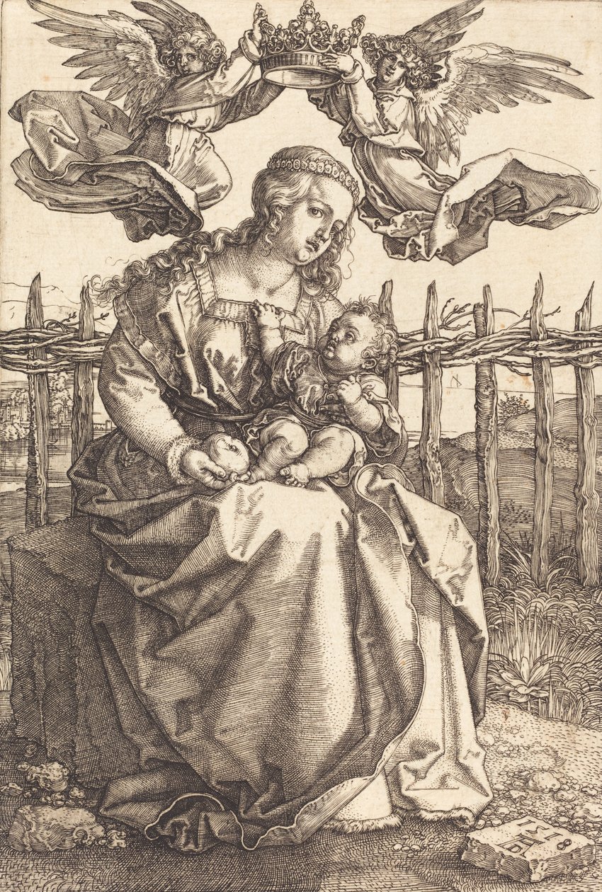 Jomfruen og barnet kronet af to engle, 1518. af Albrecht Dürer